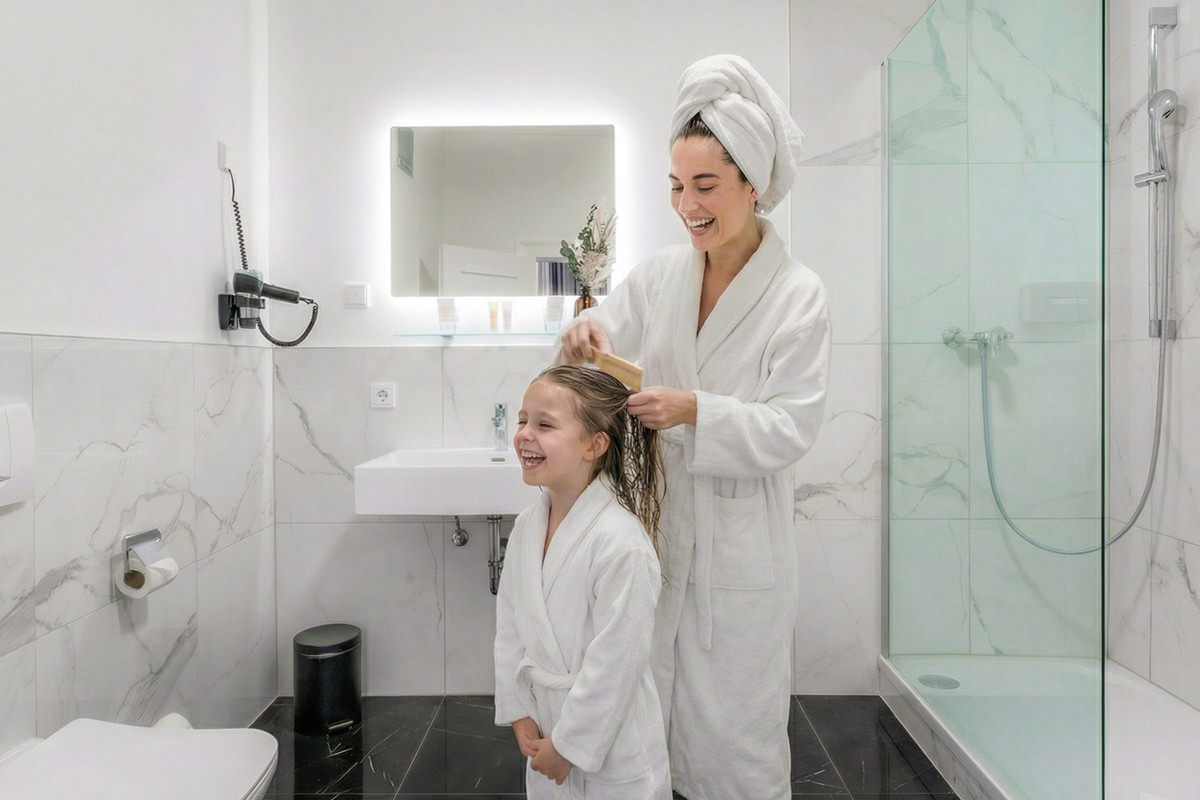 Mutter und Kind im Bademantel im Hotelbad – entspannte Familiensituation im Badezimmer