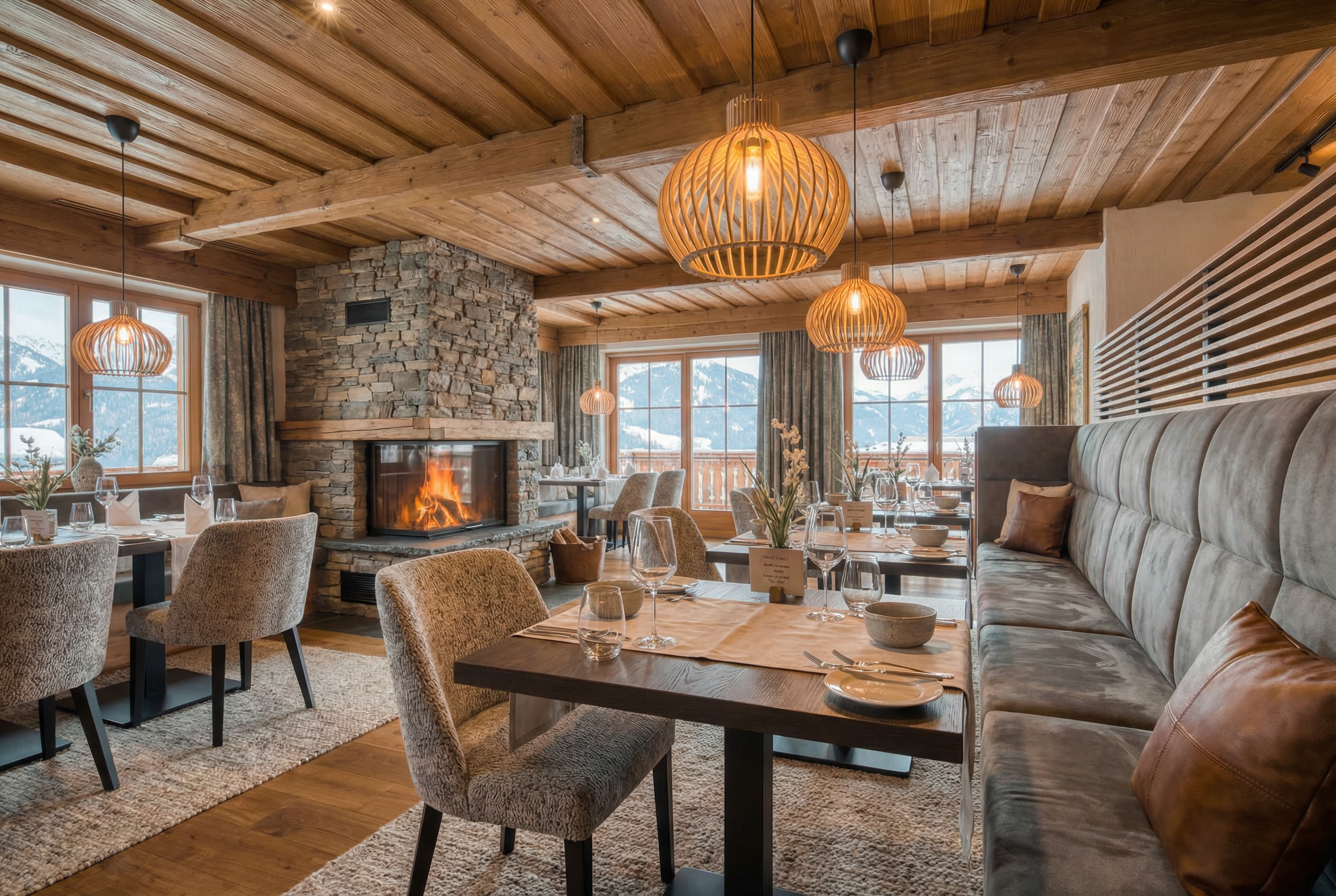 Gemütliches Hotelrestaurant mit Kamin, Holzinterieur und Blick auf die Alpen