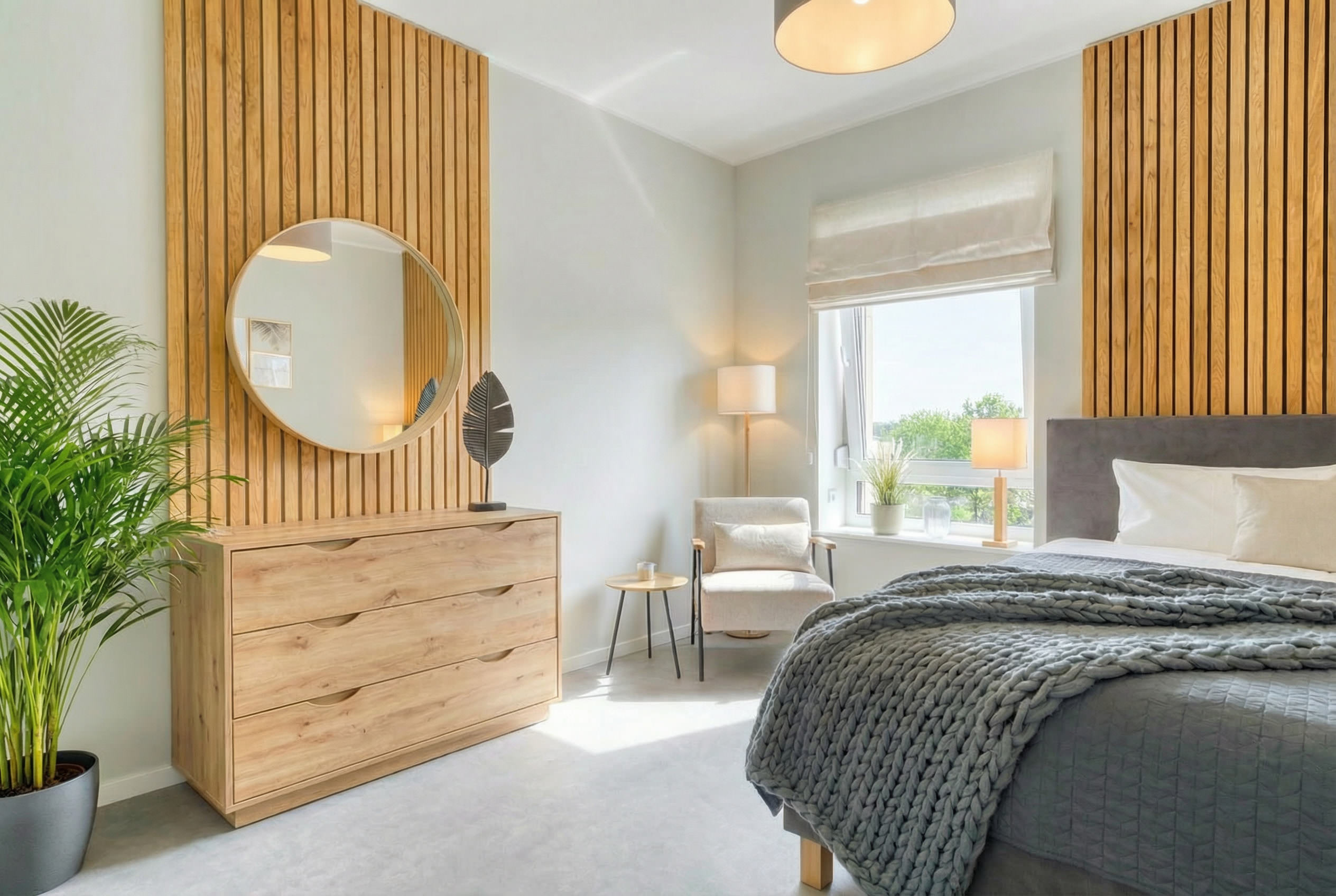 Modernes Hotelzimmer mit Holzpaneelen, Doppelbett und heller Fensterfront