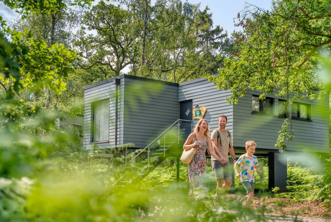 Familie vor modernem Ferienhaus im Naturresort zwischen Bäumen